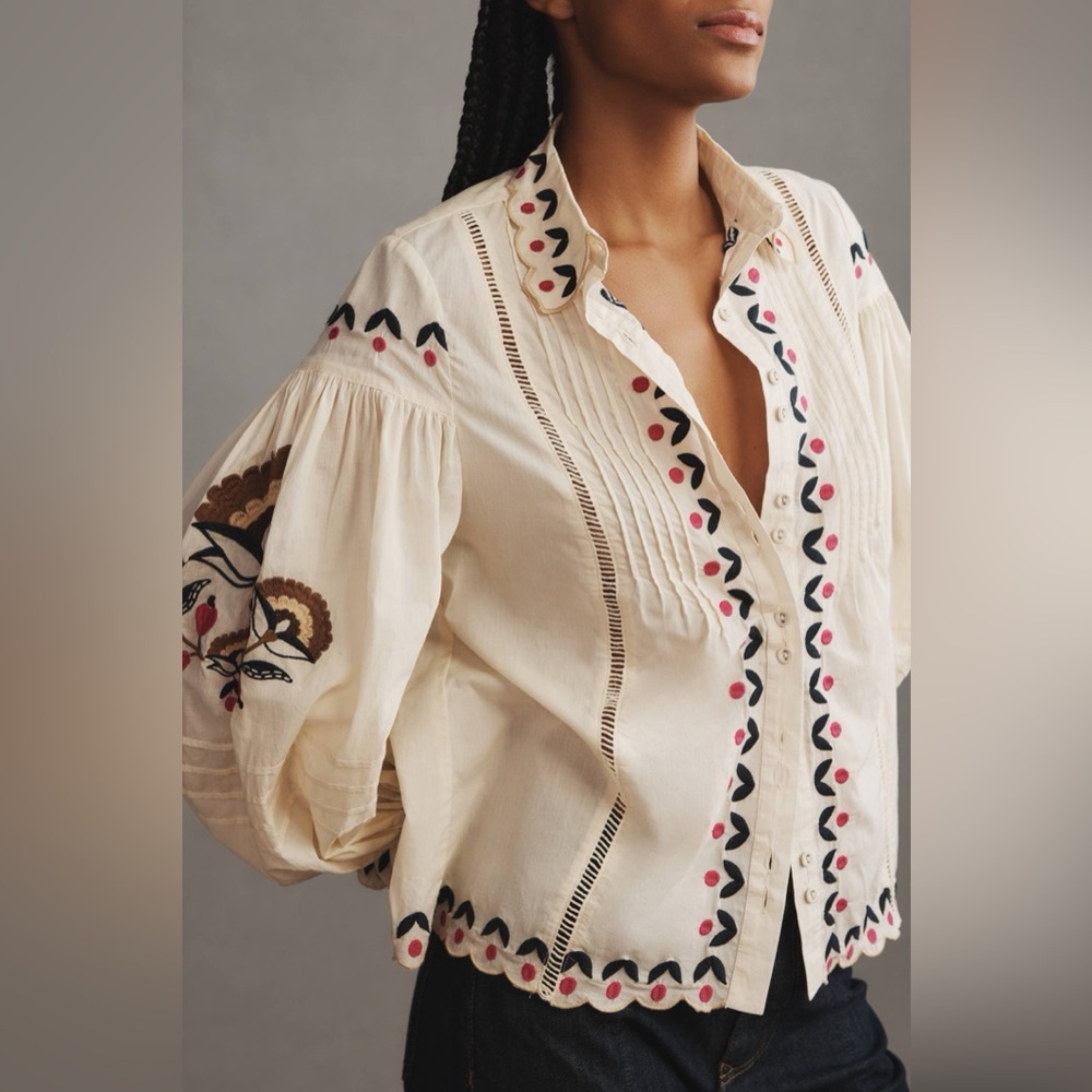 FARM Rio Cream Blouse with Embroidered Accents